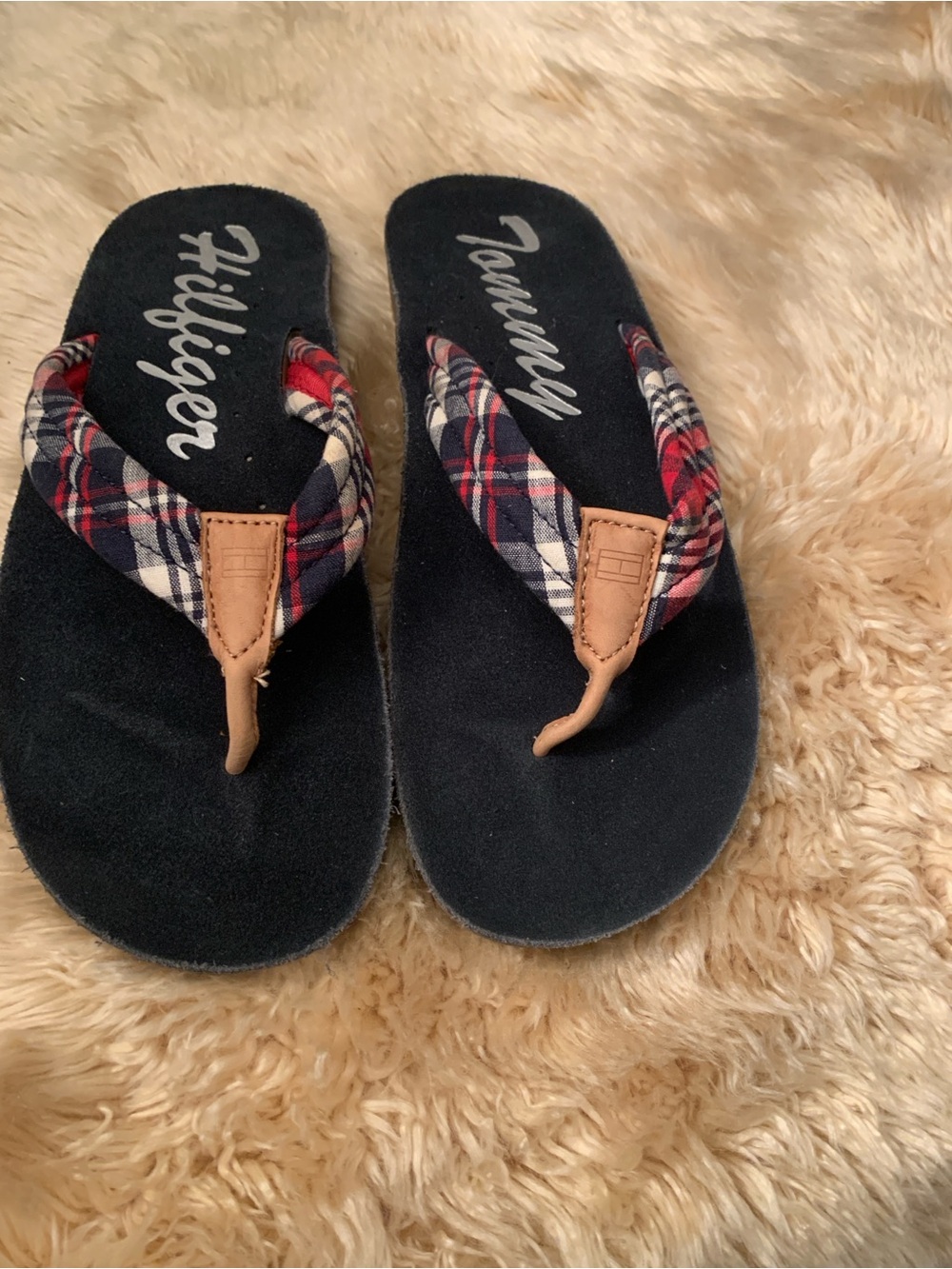 Tommy Hilfiger Women’s Navy Thong Flip Flops with Red & White Plaid Straps